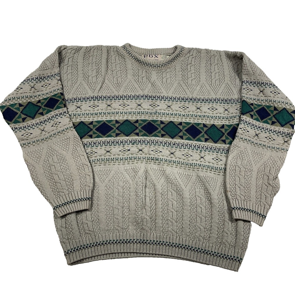 Vintage Grandpa Sweater Men Large Tan Cable Knit Geometric Crewneck Textured 90s